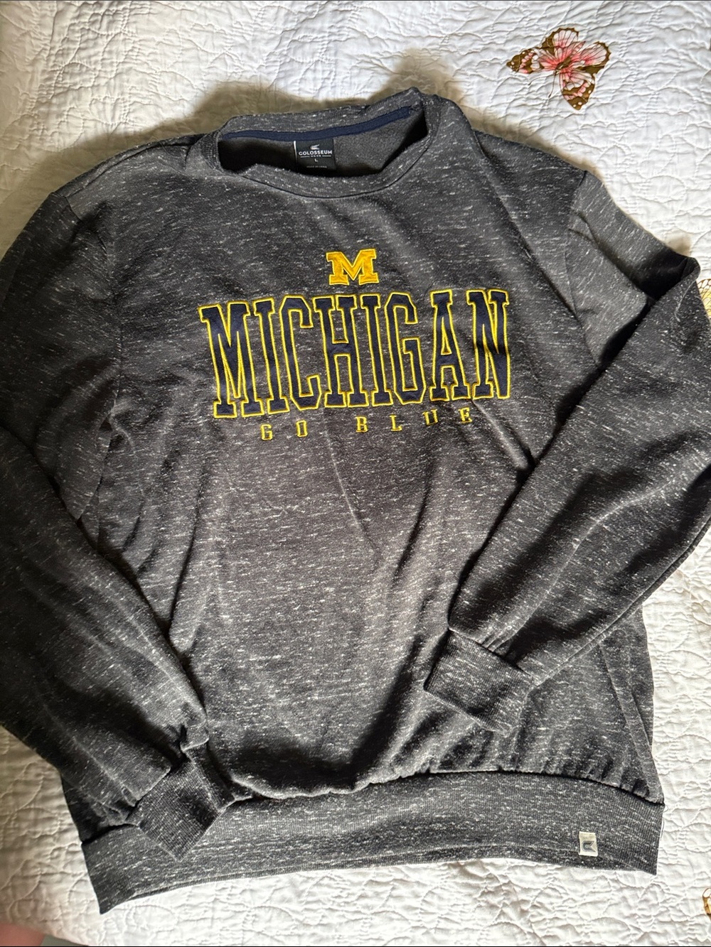 Colosseum Charcoal Heather Michigan Crewneck with Yellow Logo